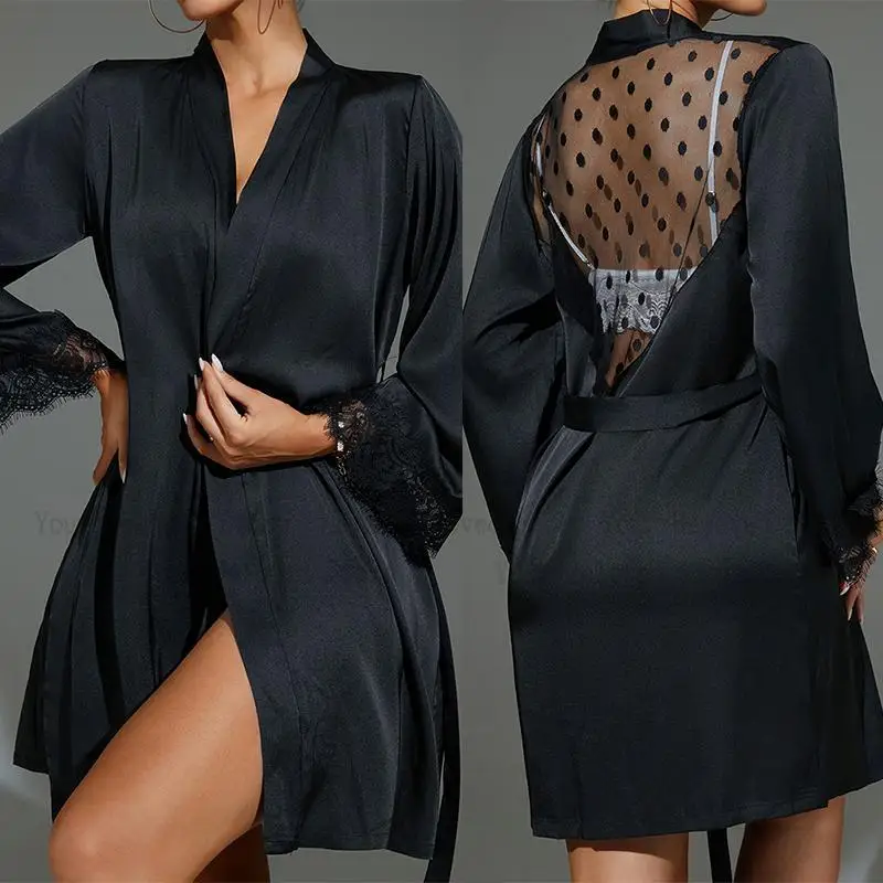 Kimono Sheer Floral - Kimono corto negro de malla transparente,