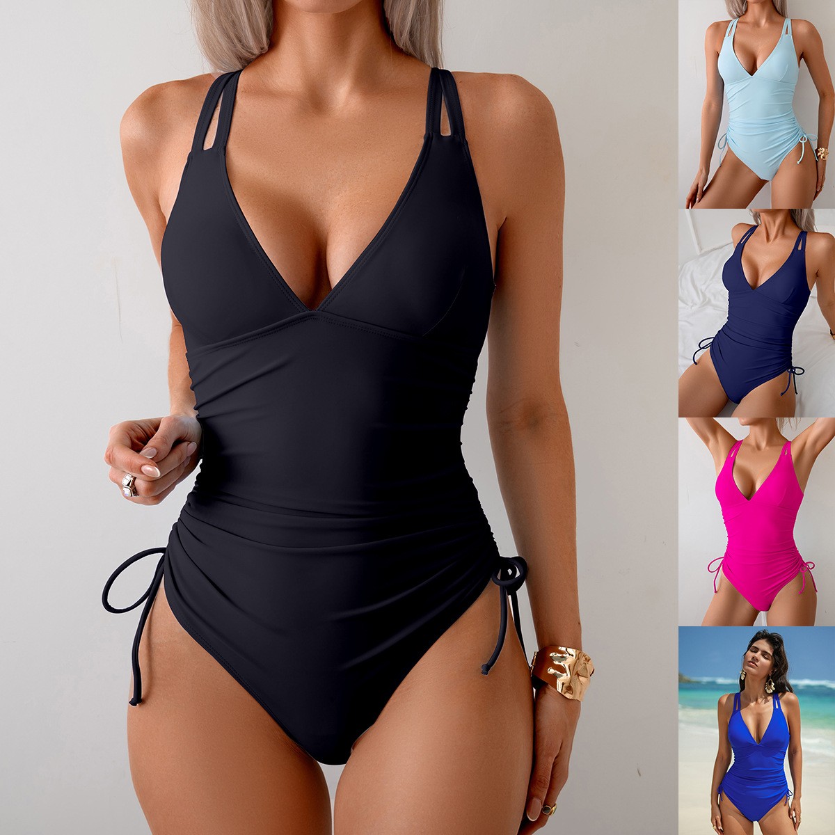 Traje de baño negro liso con c - Swimsuit Bikini Ruched reseña y precio